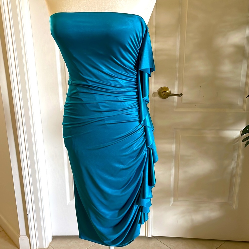 Brand New! Strapless Deep Turquoise Cache Dress; Matte Jersey with Satin Sheen!